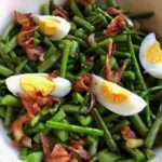 roasted asparagus and green beans with bacon and hard boiled egg