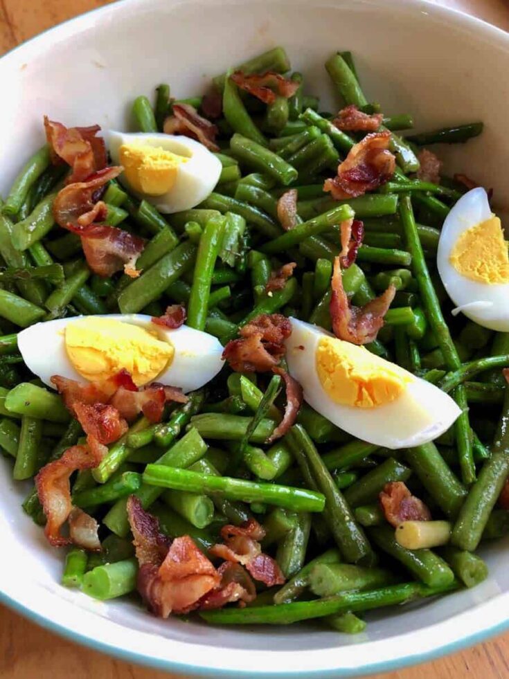roasted asparagus and green beans with bacon and hard boiled egg