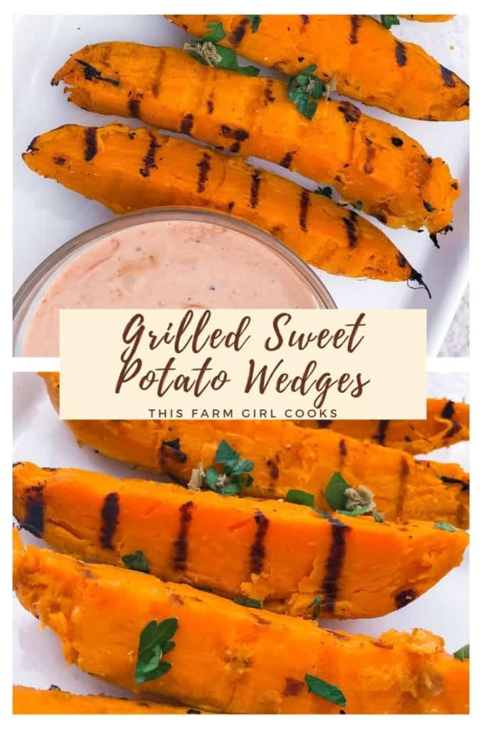 grilled sweet potato wedges with grill marks on a white plate with a side of mayo and bbq