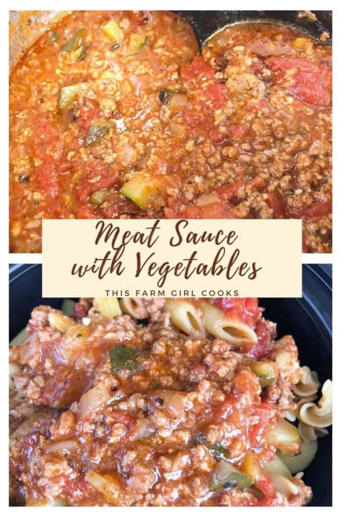 meat sauce with veggies over penne pasta.
