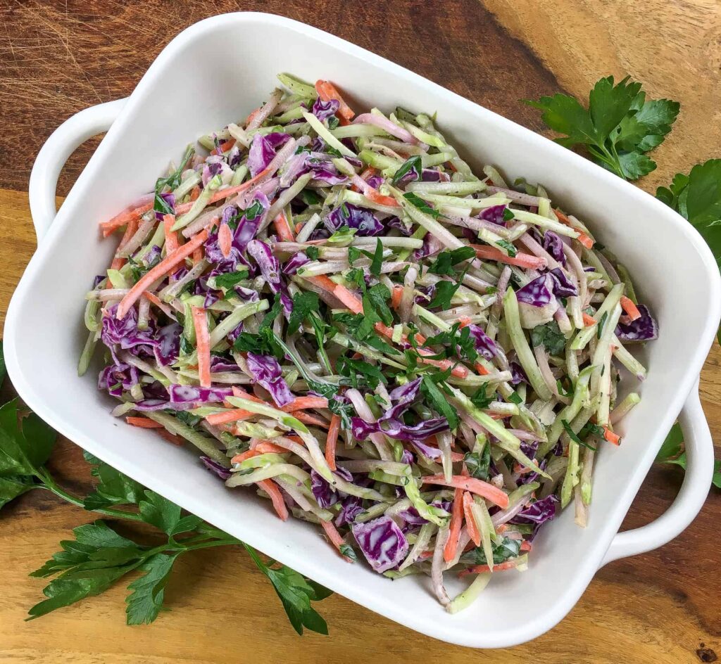 overhead view of healthy broccoli slaw