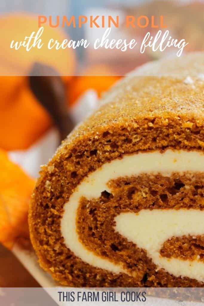 A rolled pumpkin cake filled with cream cheese filling.