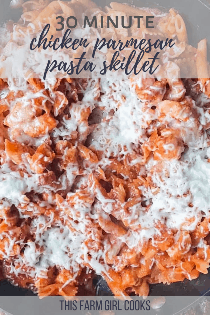 pasta, cheese, chicken and tomato sauce in a skillet meal