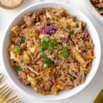 Unstuffed egg roll in a bowl.