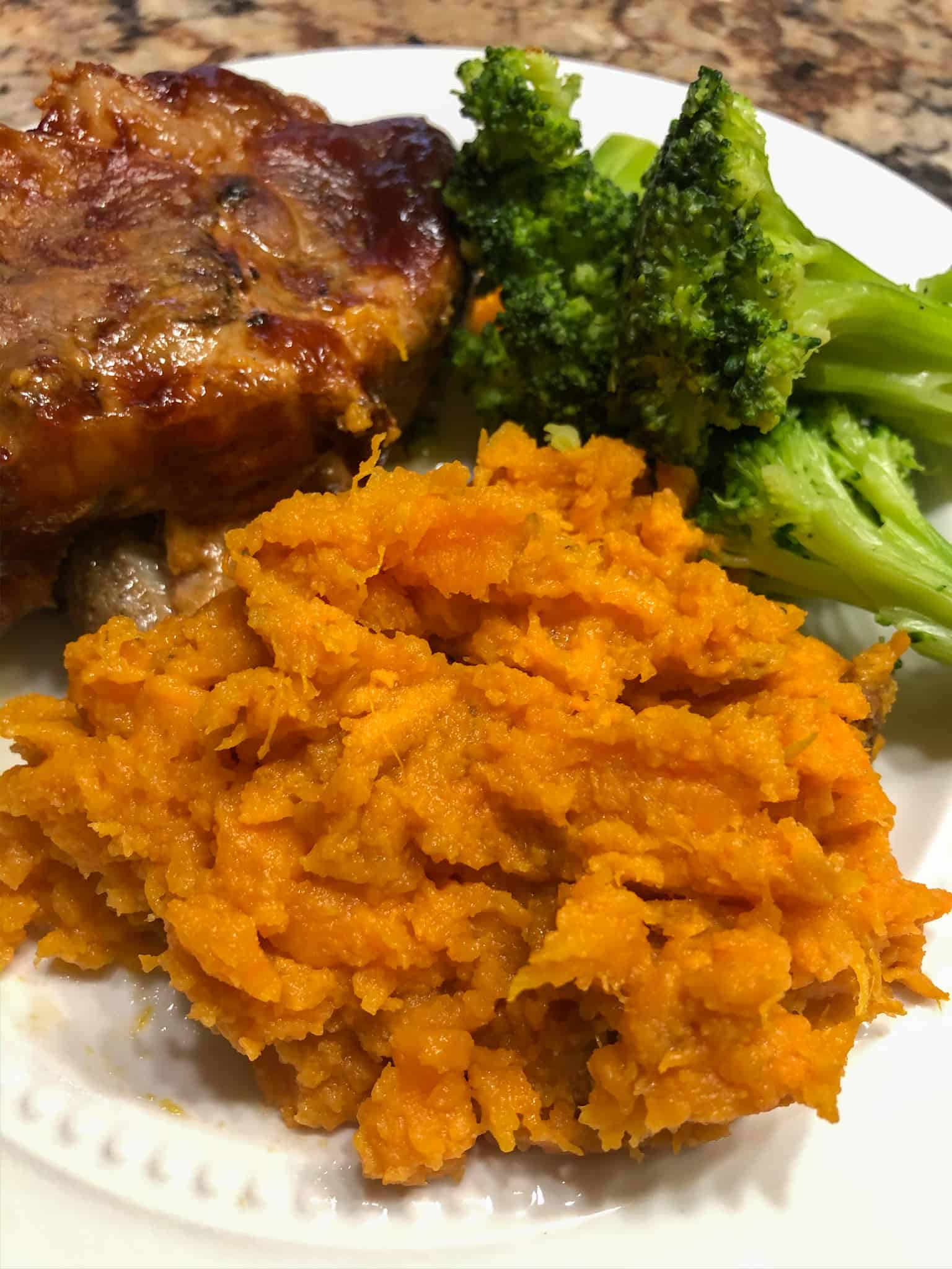 instant pot mashed sweet potatoes with pork ribs and broccoli