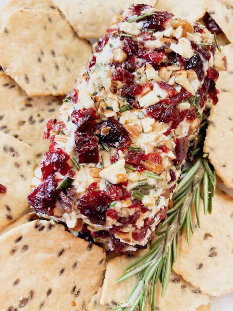 A cranberry pecan goat cheese log with rosemary and crackers.