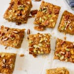 Pumpkin oatmeal bars cut into sqares.