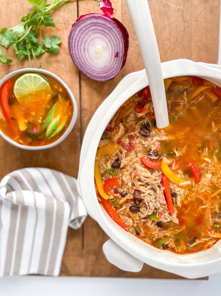 A big bowl of shredded chicken in broth with peppers and black beans and a ladle.
