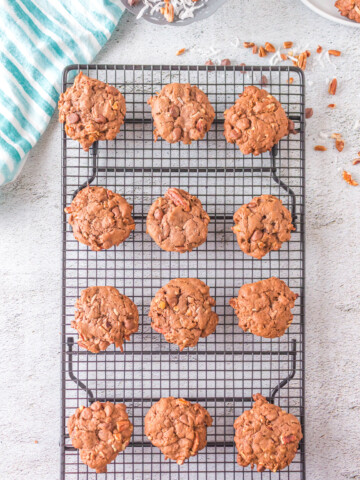 german chocolate cake mix cookies on a cooling rack
