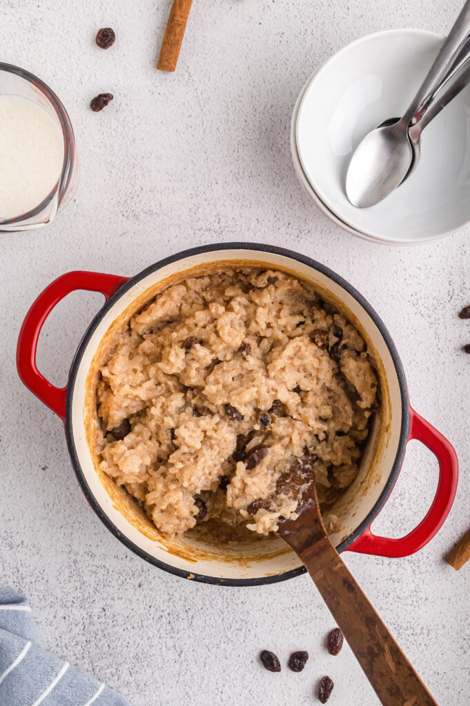 Baked rice pudding in a dutch oven.