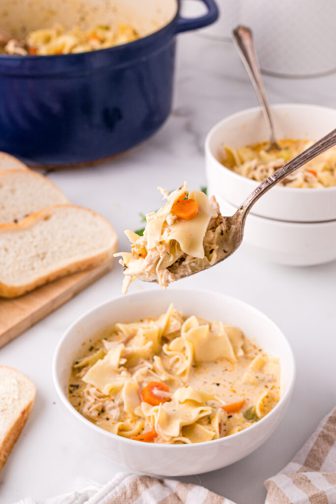 dutch oven chicken noodle soup on a spoon