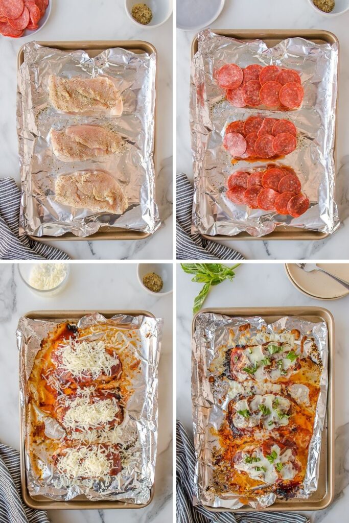Steps to make pepperoni baked chicken on a sheet pan.