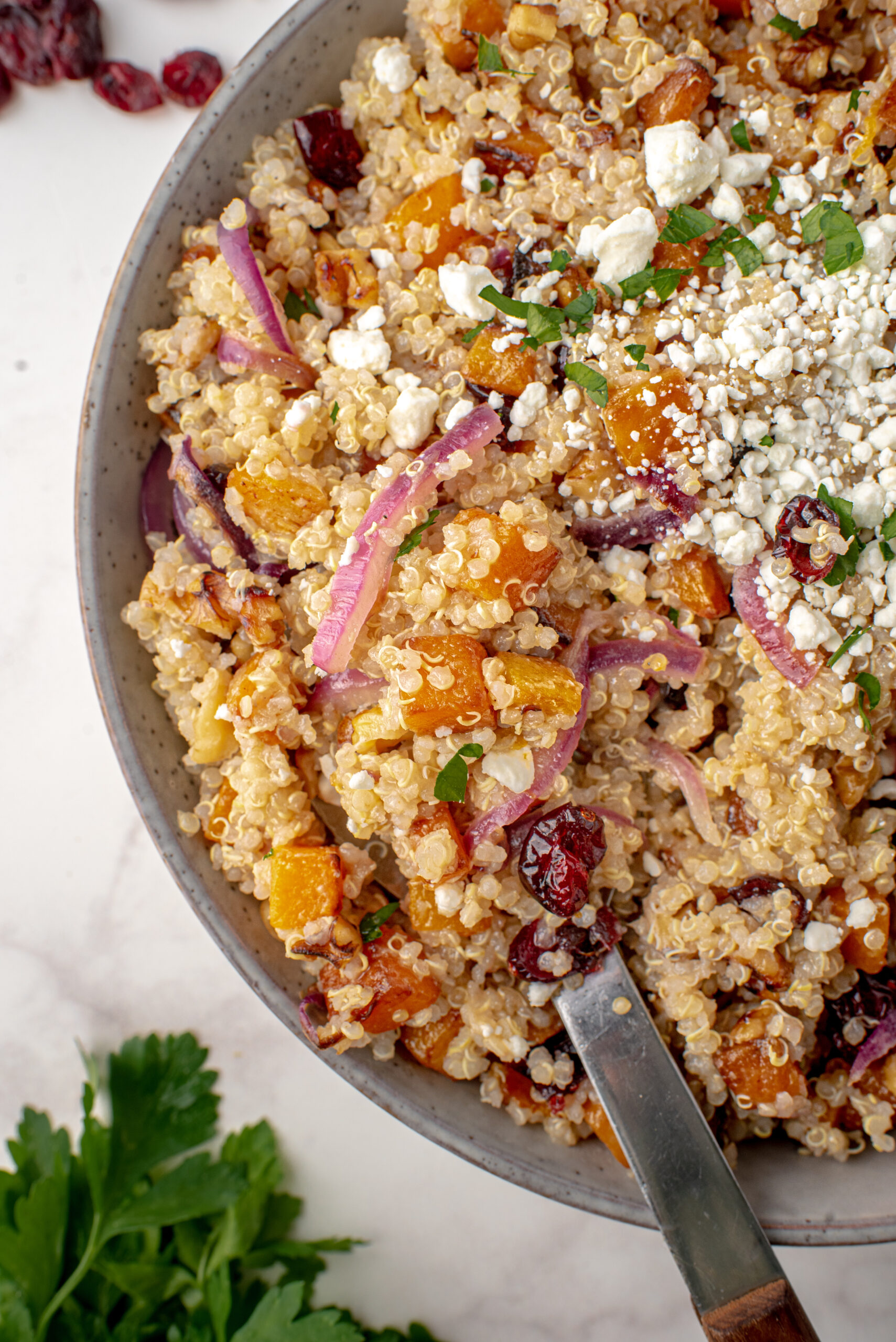 Butternut Squash quinoa salad in a bowl with crumbled goat cheese on top.