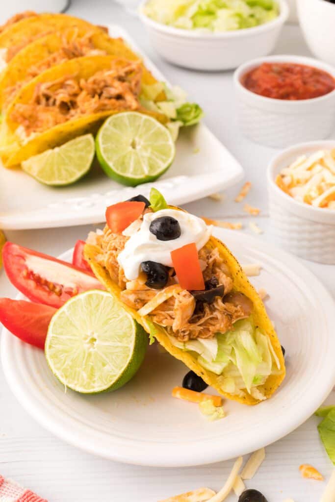 A platter of shredded chicken in the background, with a chicken taco topped with sour cream, tomato and black olives.