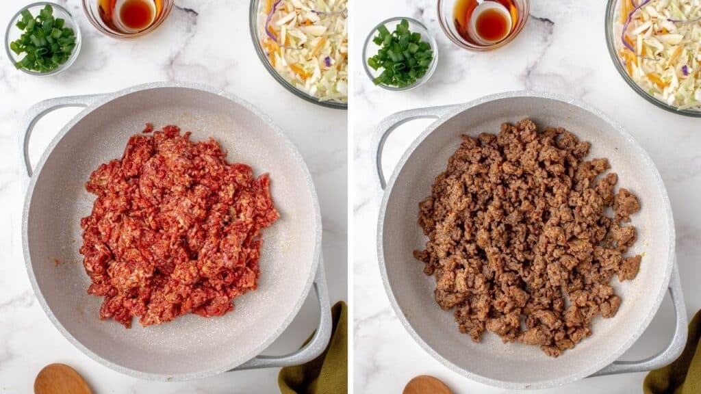 Browned ground pork in a skillet.