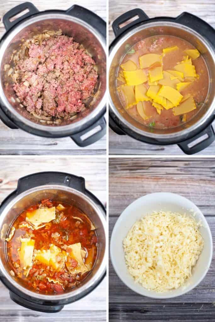 Steps showing how to make lasagna soup.