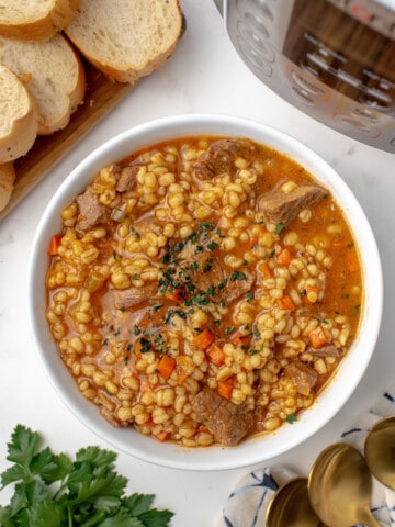 instant pot beef barley soup in a bowl