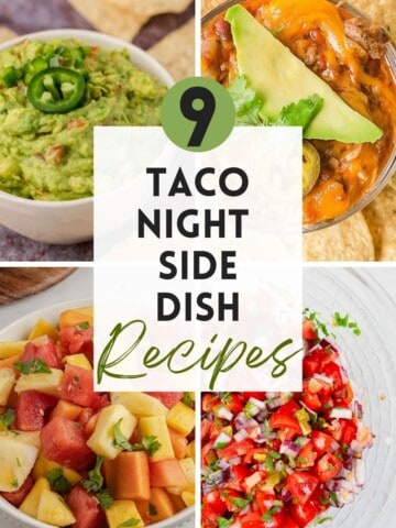 Overhead view of side dishes for tacos including pico de gallos, guacamole and Mexican fruit salad.