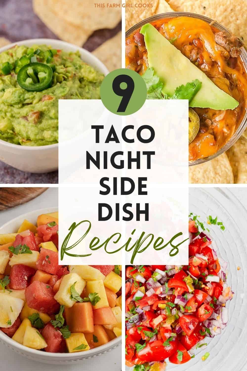 Overhead view of side dishes for tacos including pico de gallos, guacamole and Mexican fruit salad.