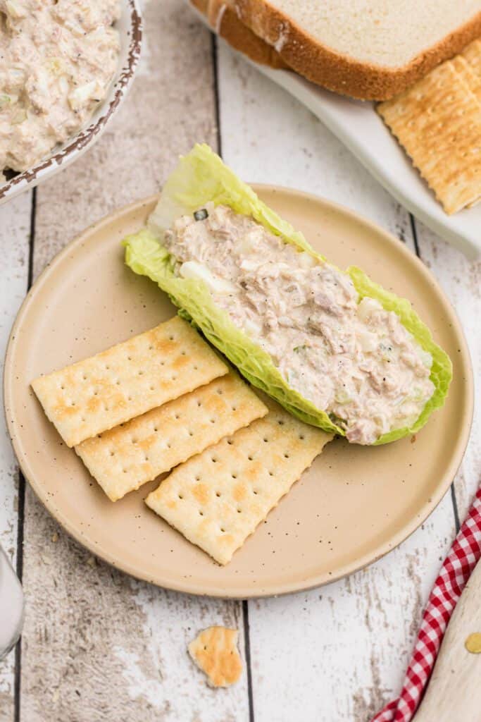 egg and tuna salad in a lettuce wrap with crackers