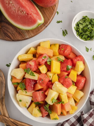 Mexican fruit salad with melon and mango.