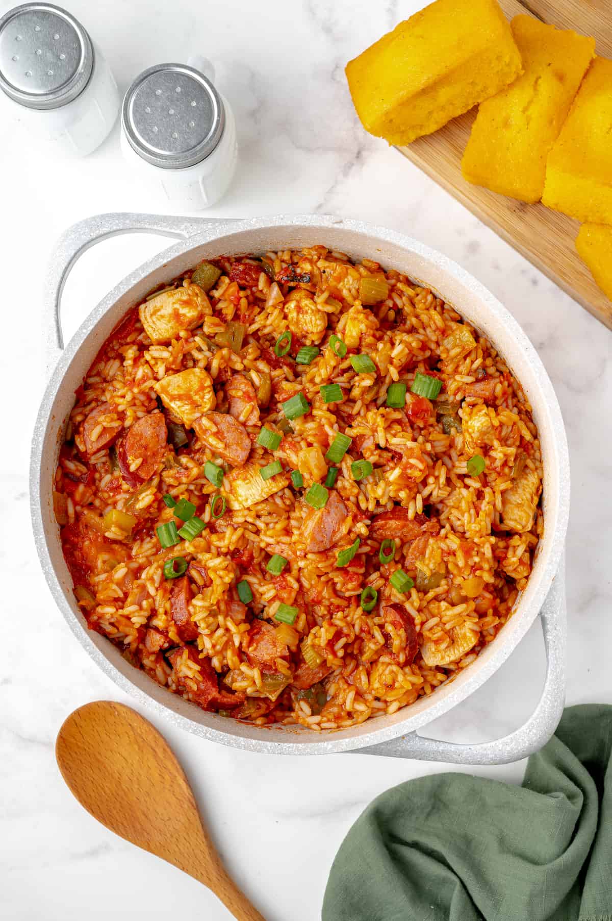 A pot of chicken and smoked sausage jambalaya, ready to serve.
