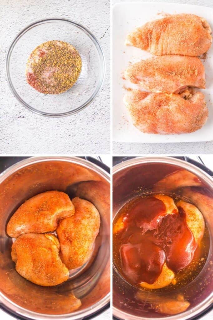 Step by step photos of how to make instant pot bbq chicken.