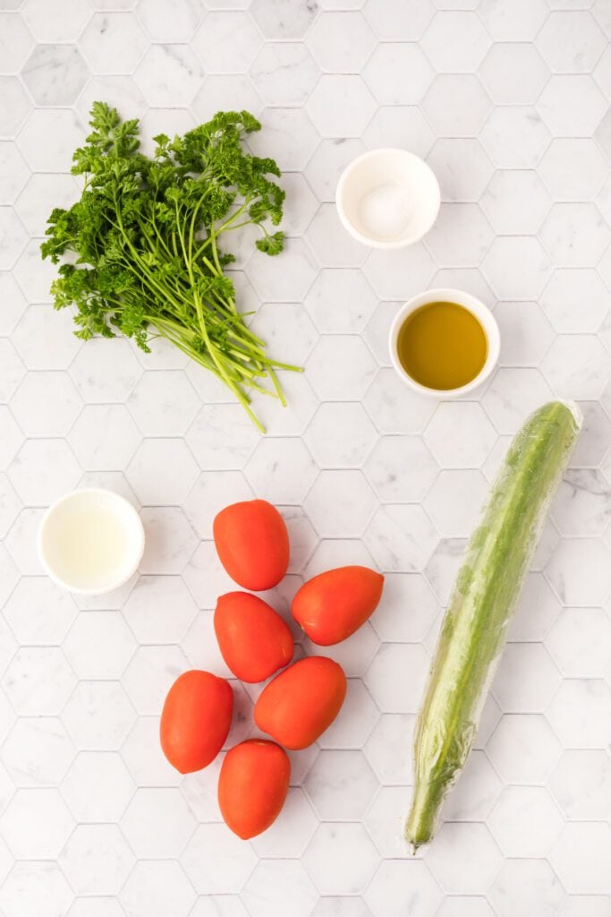 ingredients in mediterranean cucumber tomato salad