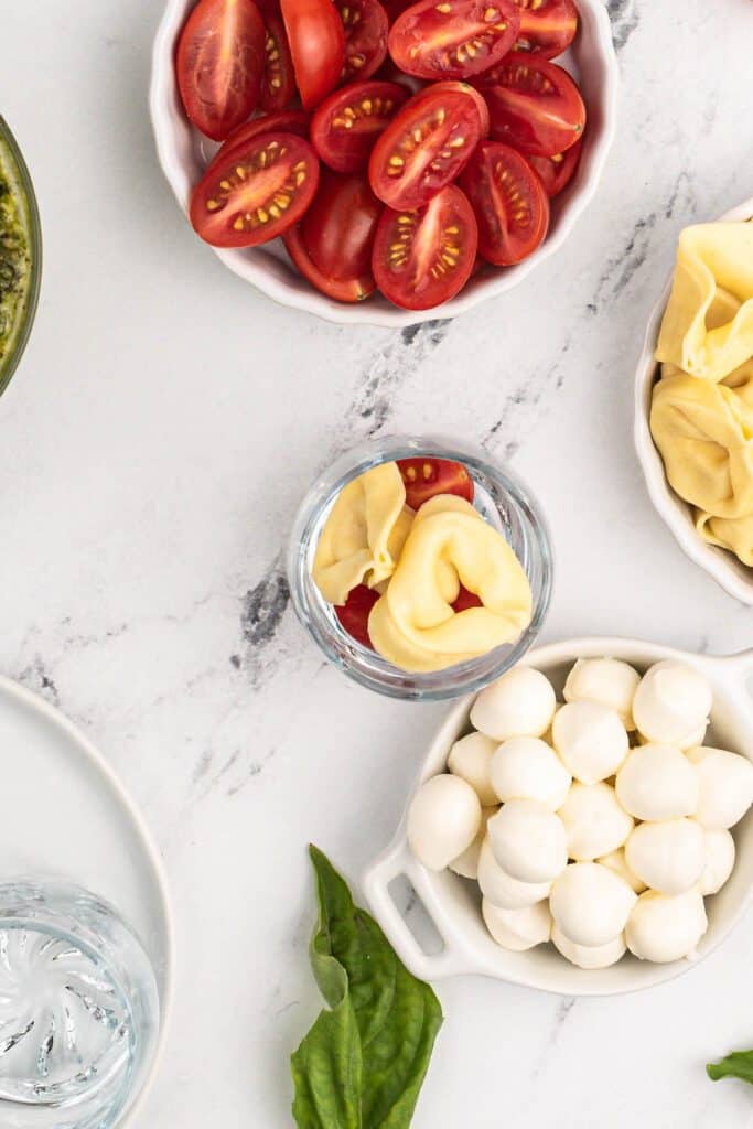 Cheese tortellini, tomatoes and mozzarella on a counter.