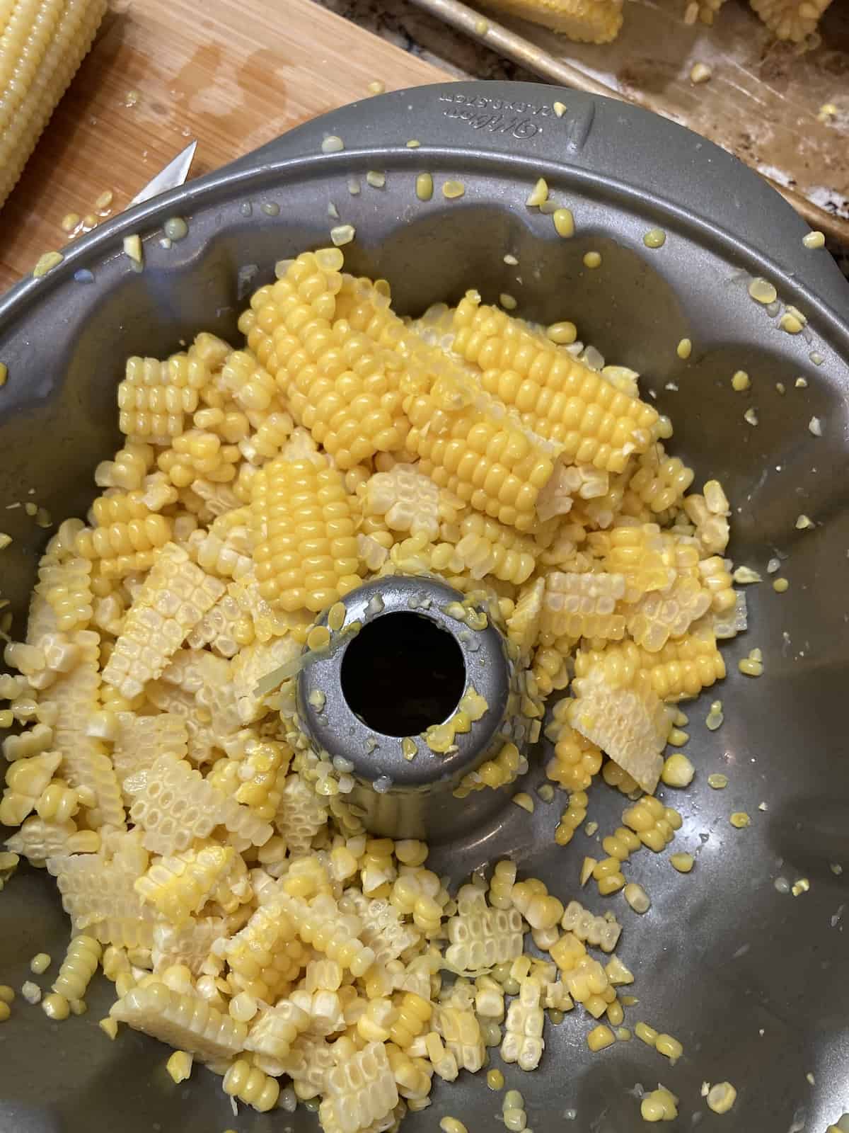 Cut corn kernals in a bundt pan.