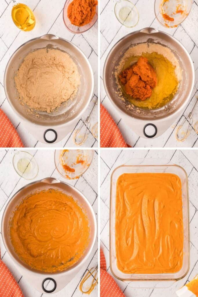 Steps of how to make a the batter for pumpkin snack cake.