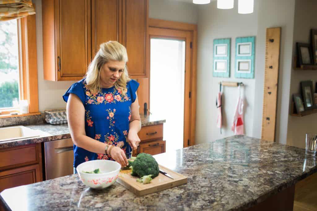 Cutting broccoli in my Midwest Illinois kitchen.