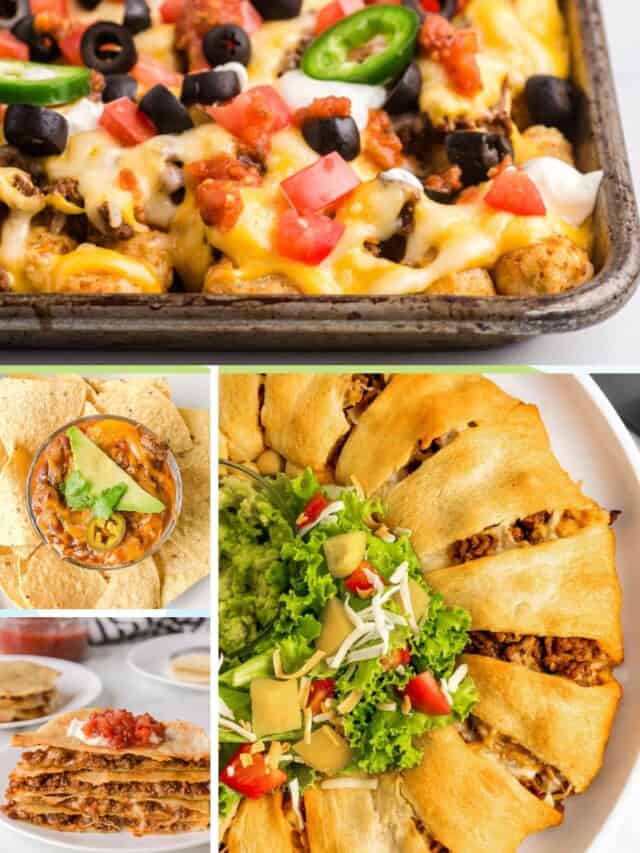 Recipes using leftover taco meat like taco quesadillas, hot taco dip, a taco crescent ring, and totchos.