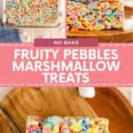 Overhead view of Fruity Pebbles Marshmallow Treats arranged with extra marshmallows scattered around.