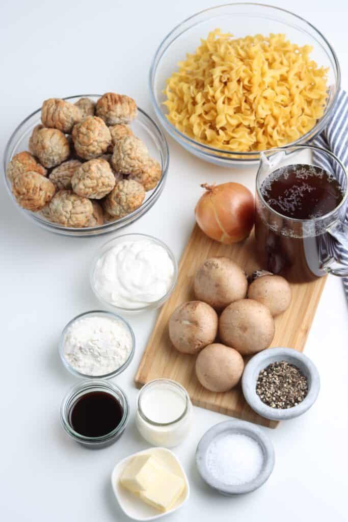 Ingredients to make a Swedish meatball casserole.