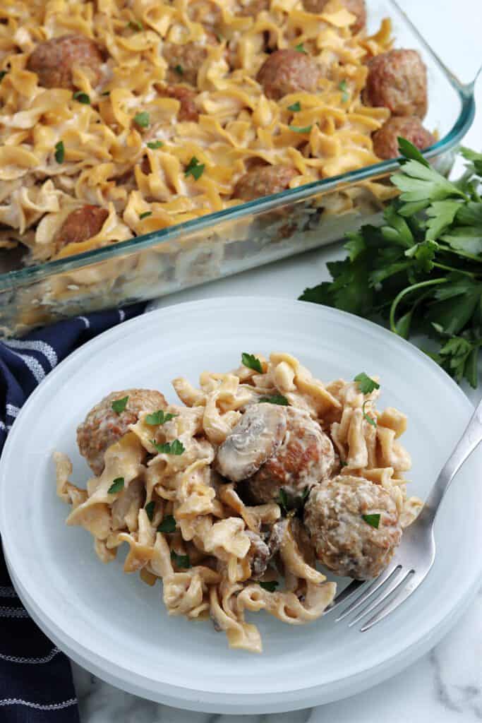A portion of Swedish Meatball Casserole, scooped onto a plate.