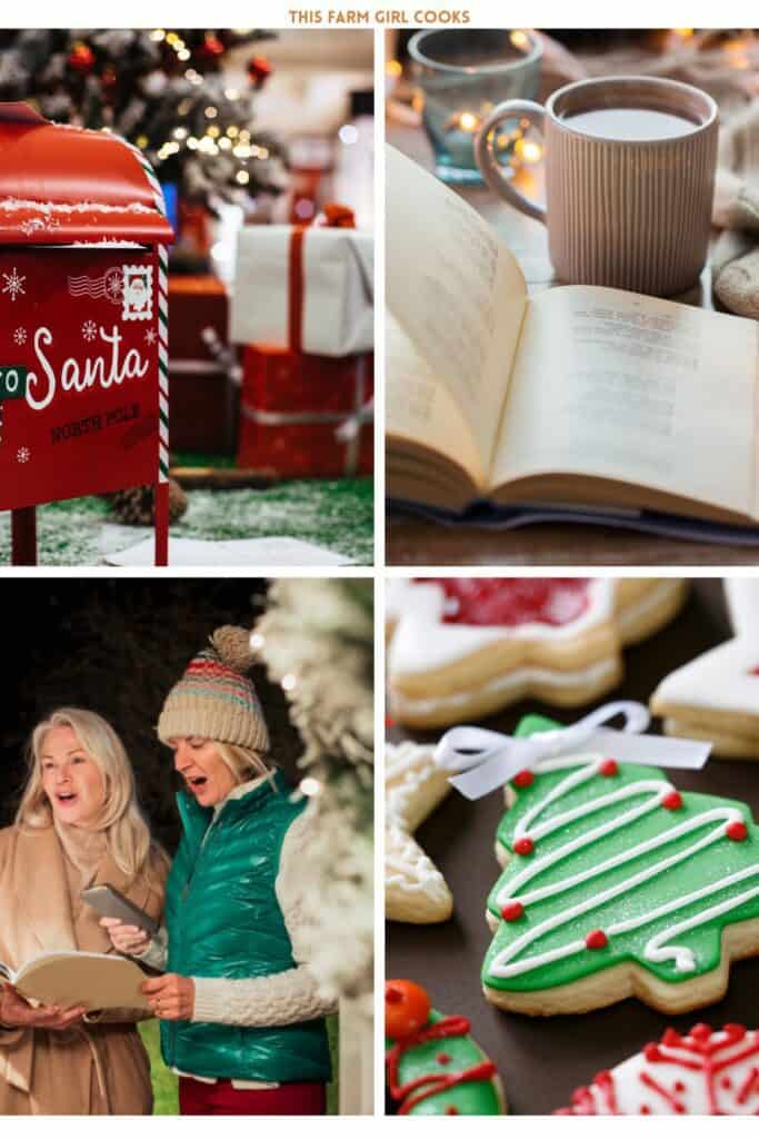 Letters to santa, reading, caroling and baking cookies for a Christmas bucket list.