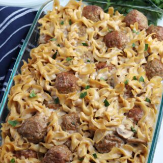 Swedish Meatball Casserole in a glass baking dish.