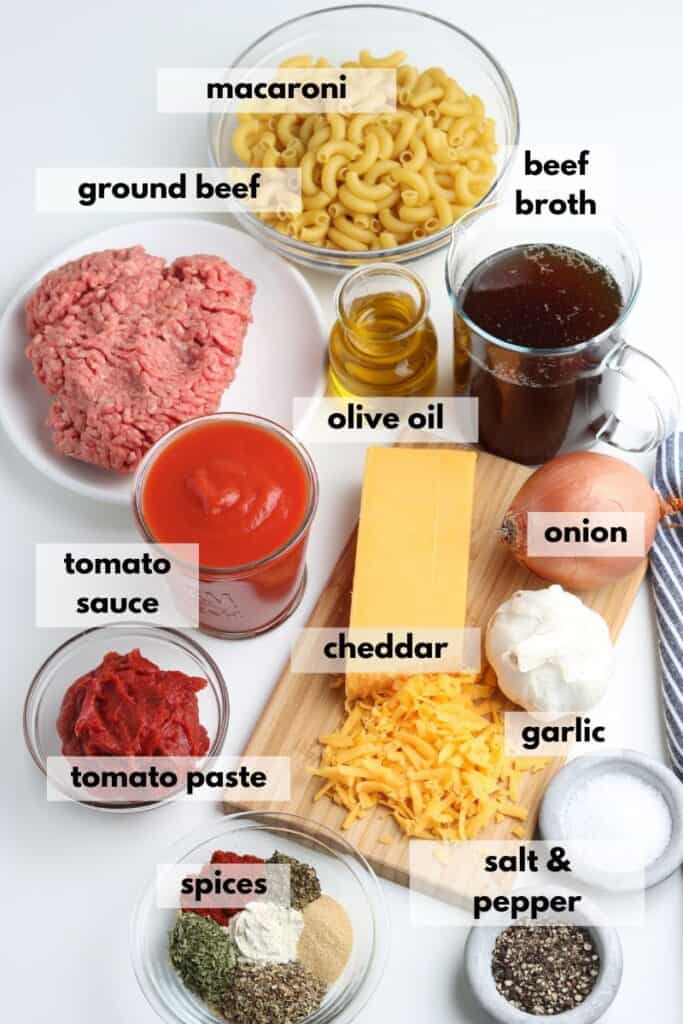 Ingredients to make this recipe are ground beef, macaroni pasta, cheddar cheese, tomato paste, spices, salt and pepper, garlic, onion, beef broth, tomato sauce.