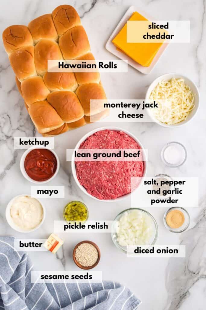 Ingredients including ground beef, Hawaiian rolls, ketchup, pickle relish, mayonnaise, butter and cheeses.