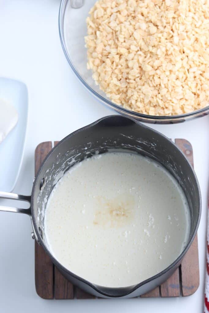 Melted marshmallows and butter in a large saucepan.