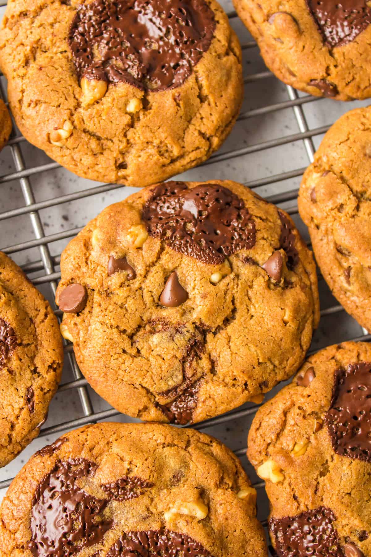 Baked chocolate chip walnut cookies on a wire cooling rack.
