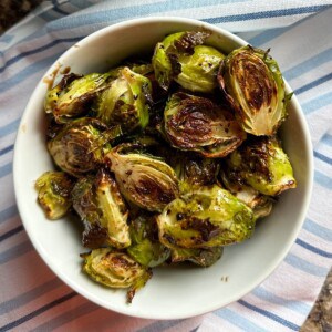 A bowl of pan roasted Brussels sprouts.