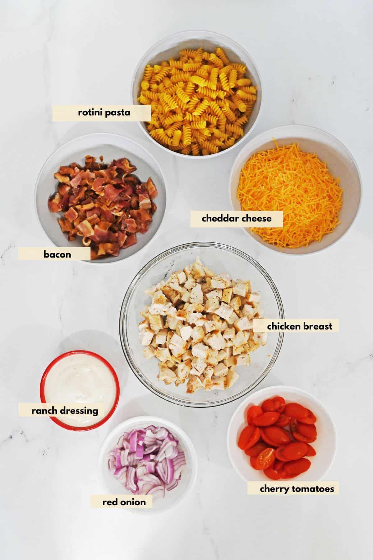 Ingredients to make pasta salad with ranch dressing, bacon, red onion, tomatoes, cheddar cheese, rotini pasta.
