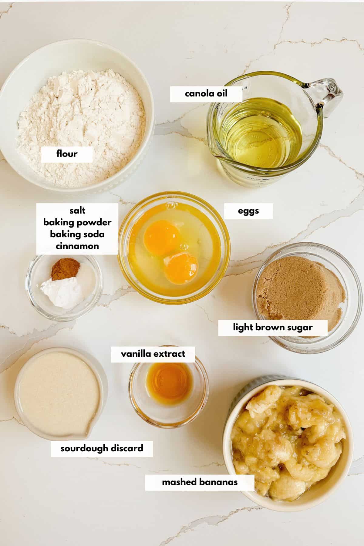 Ingredients for banana muffins are sourdough discard, mashed banana, canola oil, eggs, brown sugar, flour, baking soda, baking powder, cinnamon and salt.