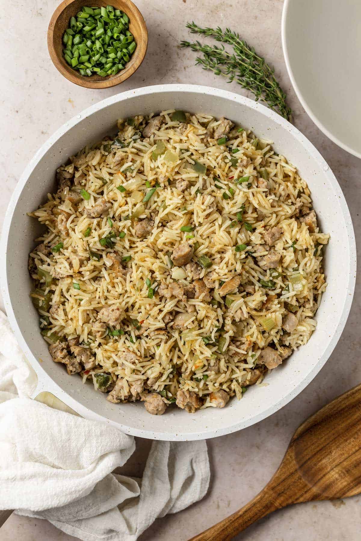 The cooked recipe for dirty rice with sausage, ready for serving. 