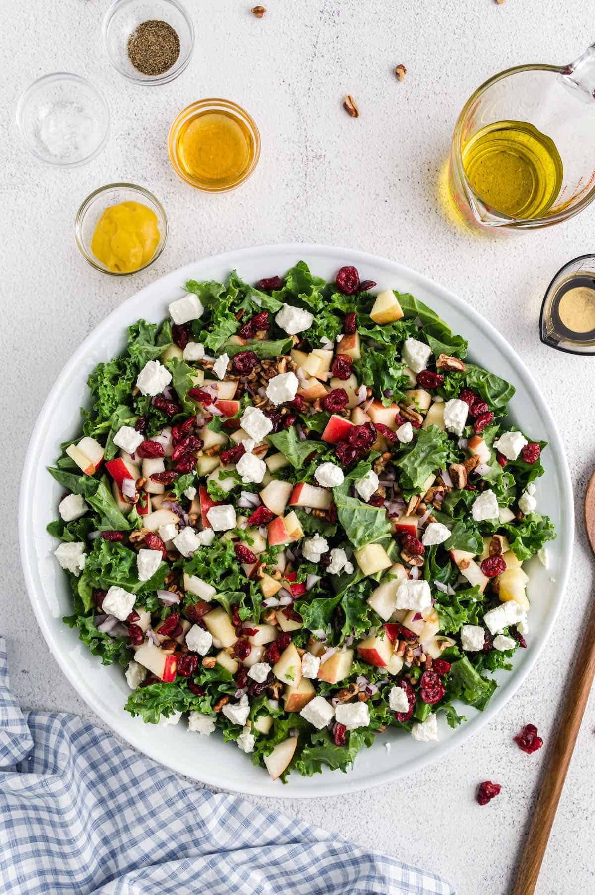Kale salad with cranberries and feta cheese.