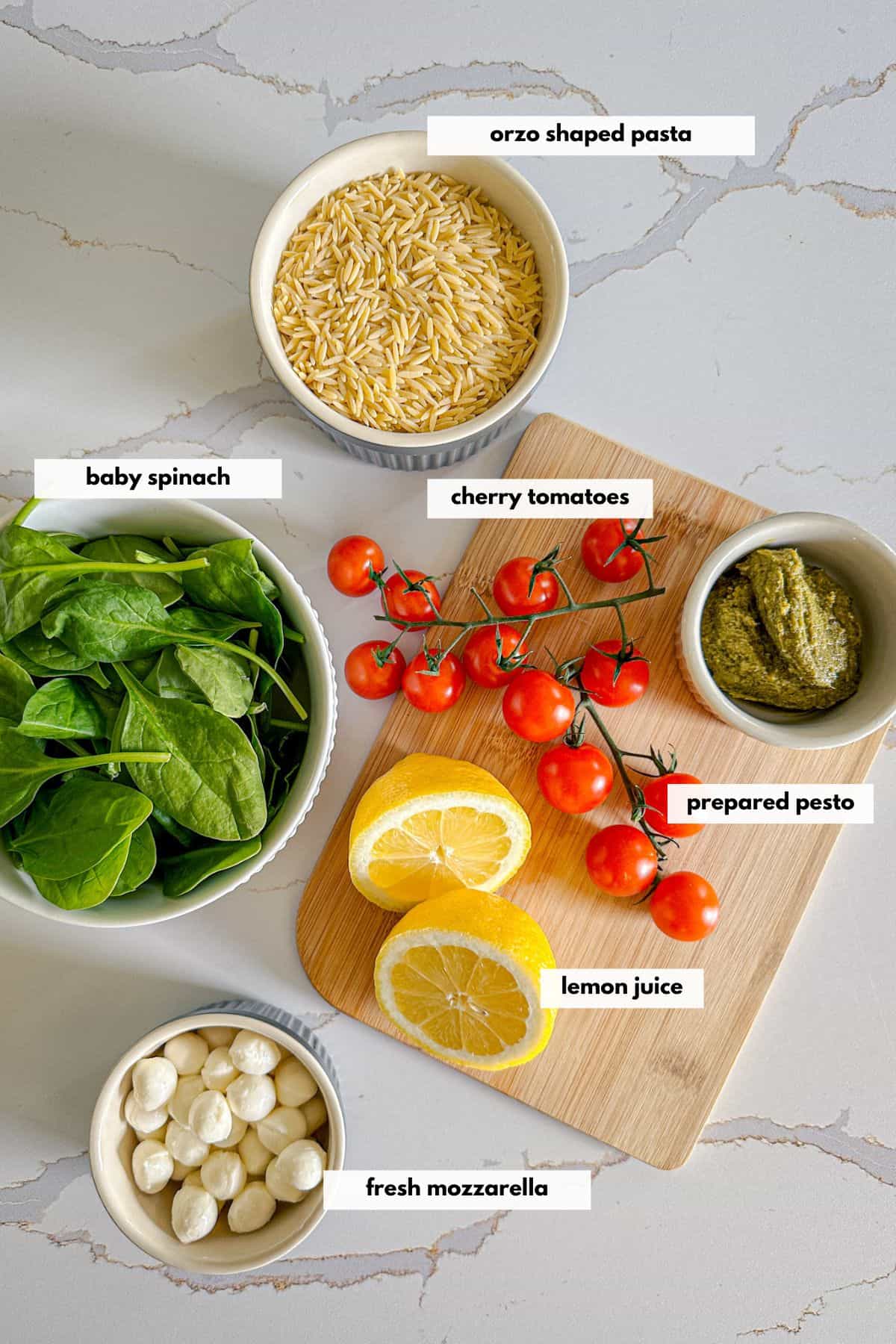Ingredients to make orzo pesto pasta are orzo, fresh spinach, tomatoes, basil peston, mozzarella cheese and lemon juice.