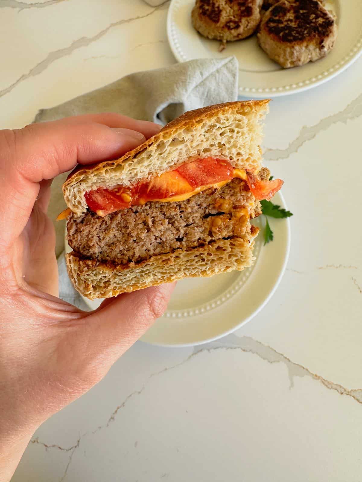 Handheld turkey burgers on a bun with tomato and a cheese slice.
