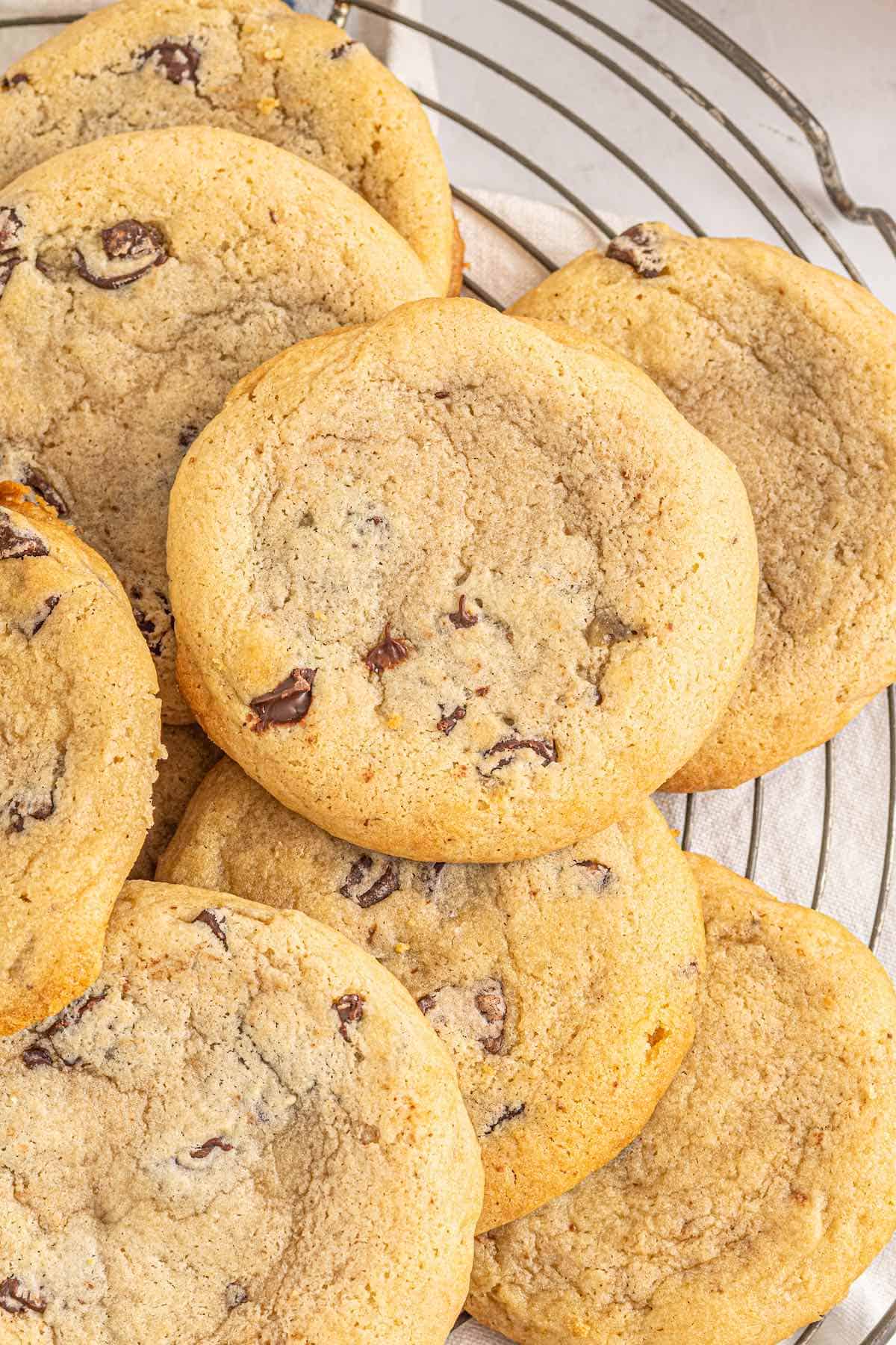 A close up of soft batch chocolate chip cookies.